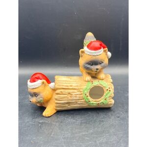 Vtg RR Roman Ceramic Raccoon Log Christmas Holiday Figurine Santa Hats 5"